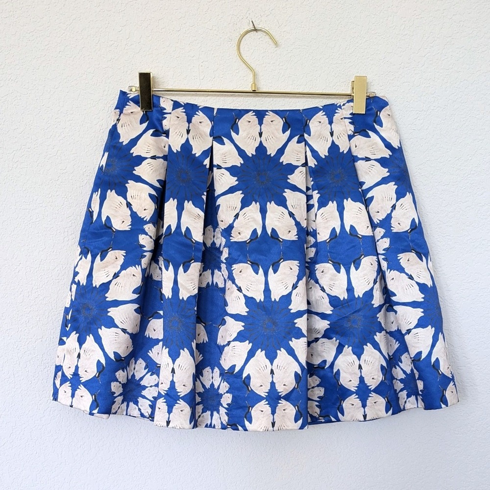 Alice + Olivia Conner Crane Bird Print Mini Skirt Womens‎ 8 Blue White Pleated